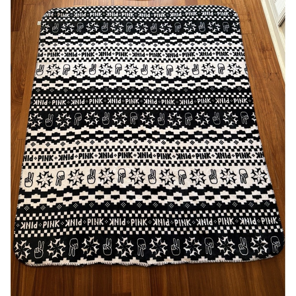 VICTORIA'S SECRET Pink Sherpa Fleece Blanket Dog Peace Sign Fairisle 60x50